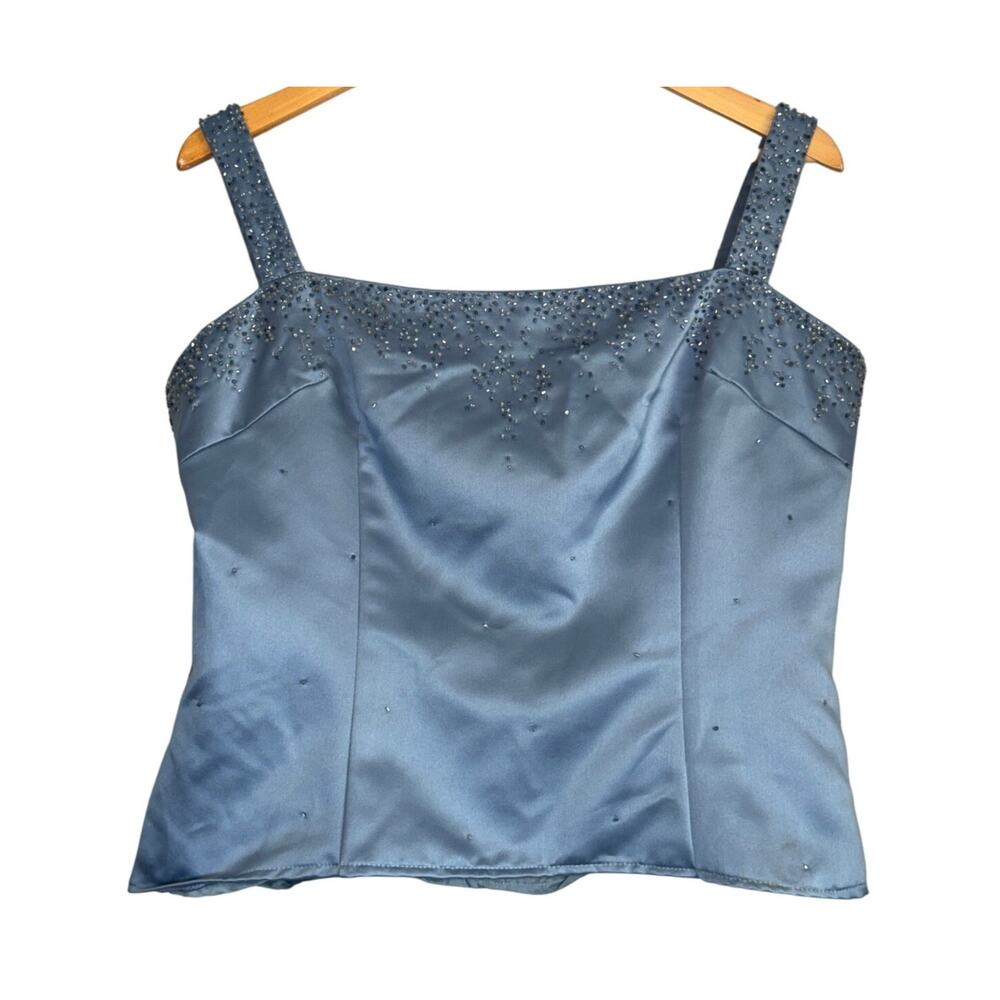 Y2K Dusty Blue Beaded Evening Top Womens 16 Sleeveless Formal Event Fairy Glam